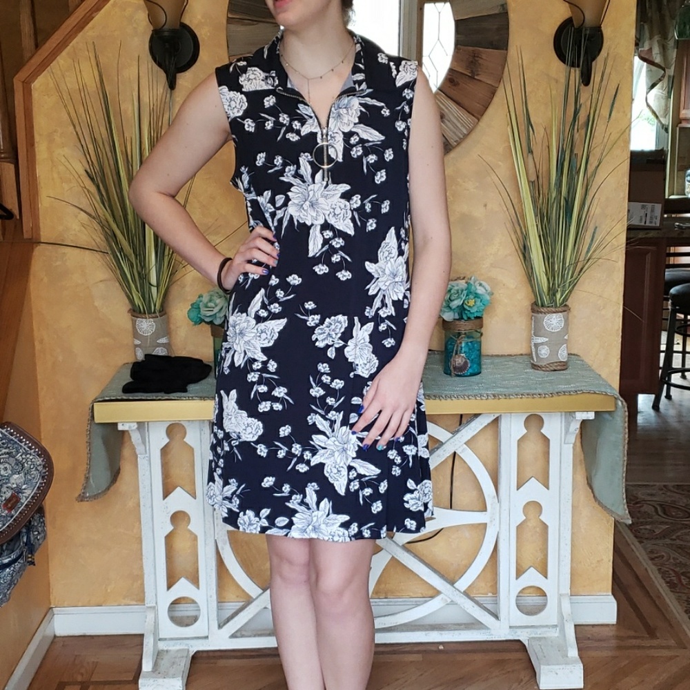 Navy White Flower Print Mid Dress